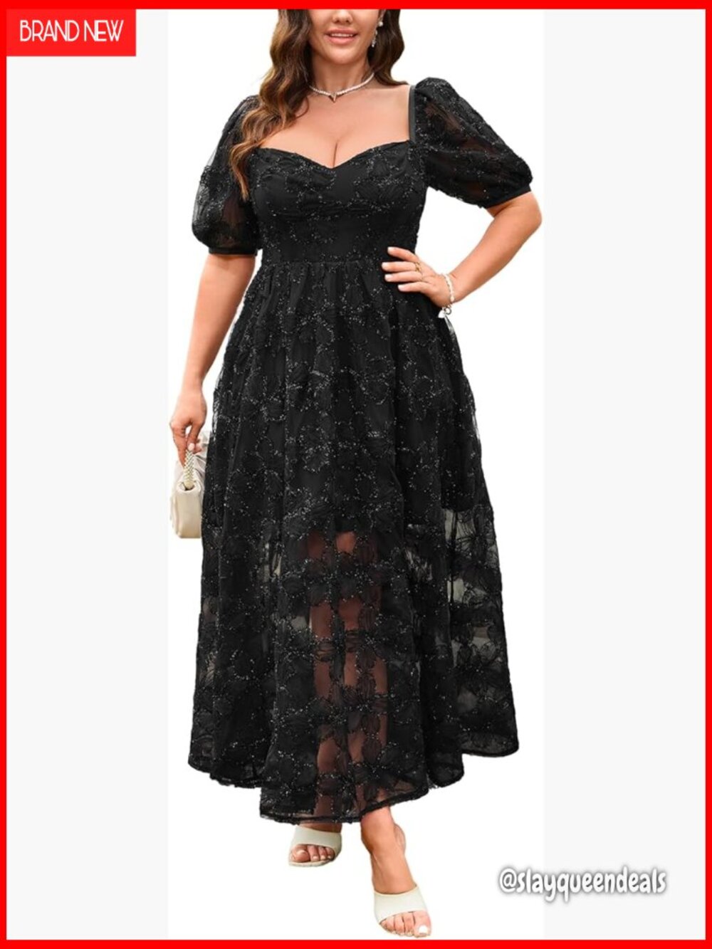 Formal A-Line Plus Size Dress with Floral Embroidered, Puff Sleeve